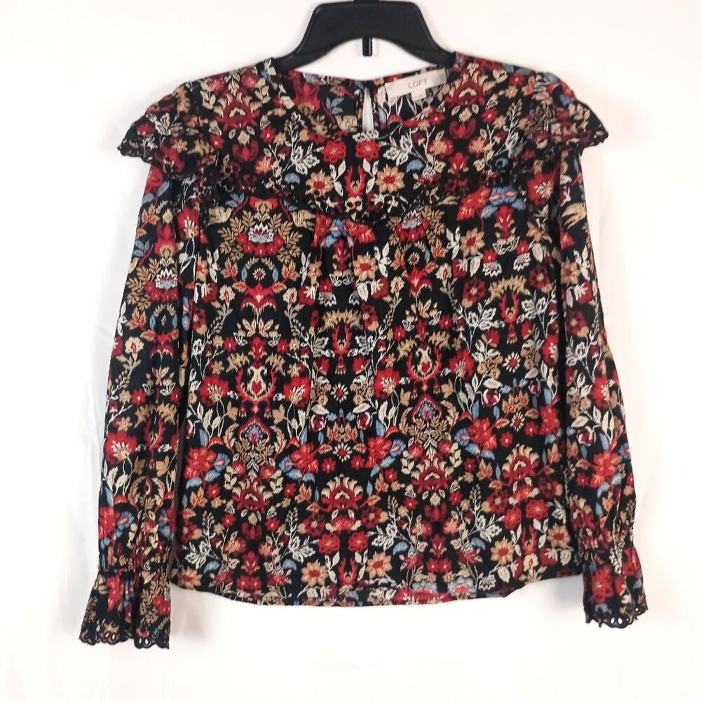Ann Taylor LOFT Floral Print Cotton Blouse Scalloped Yoke Long Sleeve Top Women